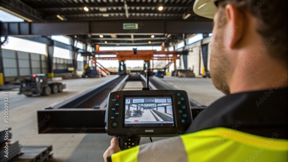 Poster Medium closeup of a crane operator using remote controls with focused attention on the screen as heavy steel beams are lifted into place for the garages upper levels.