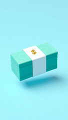 Obraz premium stack of teal-colored bills with a gold dollar sign on a light blue background