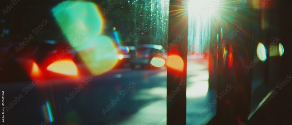Poster lens flare and abstract light bursts create a vibrant background in urban setting
