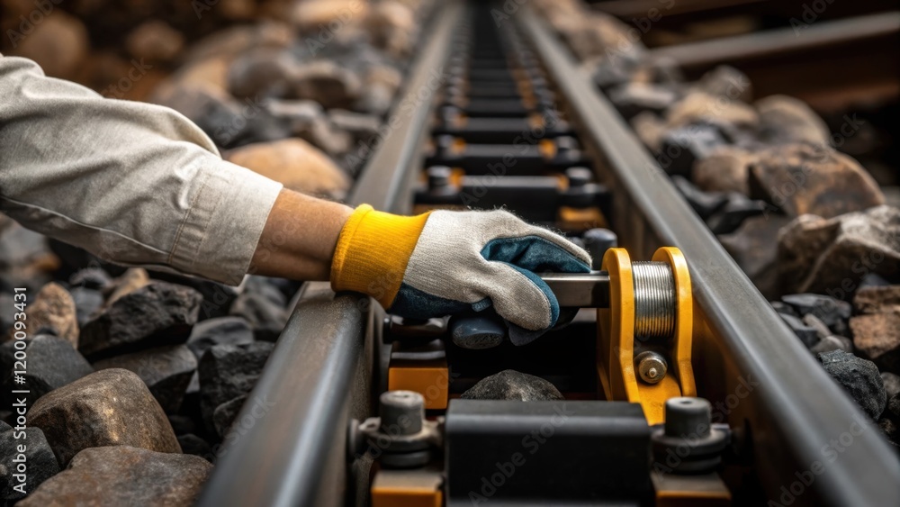 Aufkleber Medium closeup of a glovecovered hand adjusting a lever on a conveyor system with rocks and ores moving smoothly through the mechanism behind it.