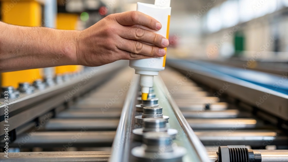 Aufkleber Medium closeup of a hand applying lubricant to a moving part of a conveyor system with precision and care evident in the gesture ensuring smooth operation.