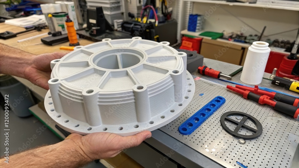 Poster Medium closeup of a large 3Dprinted component being prepped for installation showcasing its size compared to a human hand for scale surrounded by tools and equipment essential for