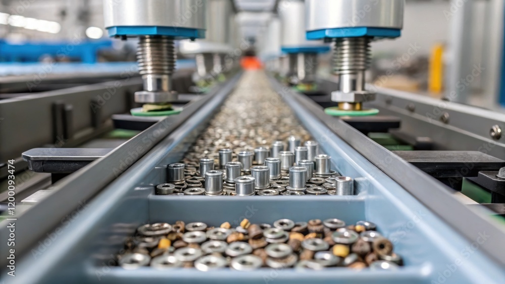 Poster Medium closeup of a highspeed assembly line where automated machines are rapidly feeding nuts and bolts into a sorting tray with a blurred factory backdrop.