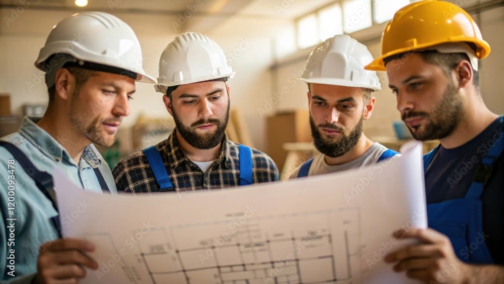 Poster Medium closeup of a group of workers gathered around a large blueprint their faces reflecting concentration as they discuss assembly techniques over the intricate design.