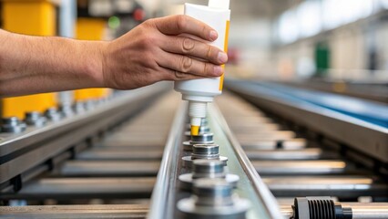 Medium closeup of a hand applying lubricant to a moving part of a conveyor system with precision and care evident in the gesture ensuring smooth operation.