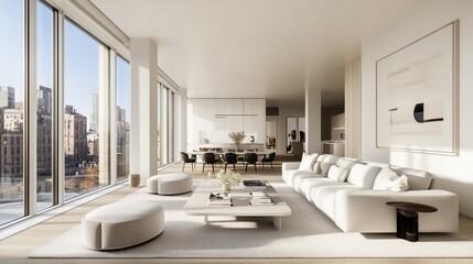 Modern apartment with city view, minimalist design, large windows, and spacious living area.