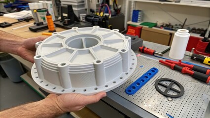 Medium closeup of a large 3Dprinted component being prepped for installation showcasing its size compared to a human hand for scale surrounded by tools and equipment essential for