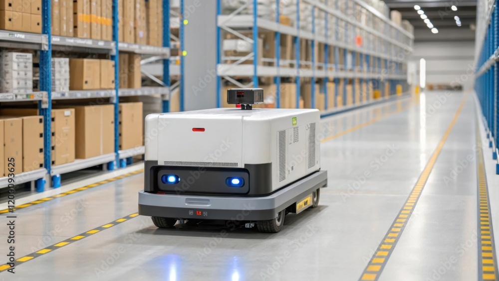 Poster Medium closeup of an automated guided vehicle AGV navigating through shelves efficiently transporting goods with precision.