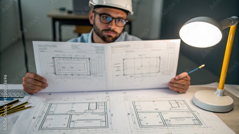 Aufkleber Medium closeup of an engineer reviewing blueprints spread out on a table with ventilation schematics visible highlighting the planning phase of the installation.