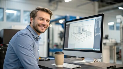 Fototapeta premium Medium closeup of an engineer smiling while viewing a completed design projected on a monitor with a coffee cup nearby highlighting a moment of achievement amidst the technical