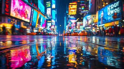 Obraz premium Vibrant city street at night, reflecting in wet pavement.