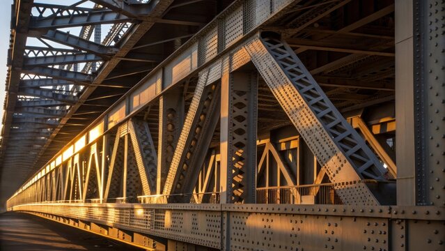 Medium closeup of a partially assembled bridge segment illuminated by sunlight with shadows playing across the steel frame emphasizing the scale and structure.