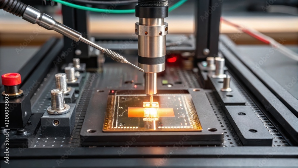Poster Medium closeup of a soldering station where fasteners are being mechanically bonded with a focus on the glowing solder joint and intricate electrode positions.