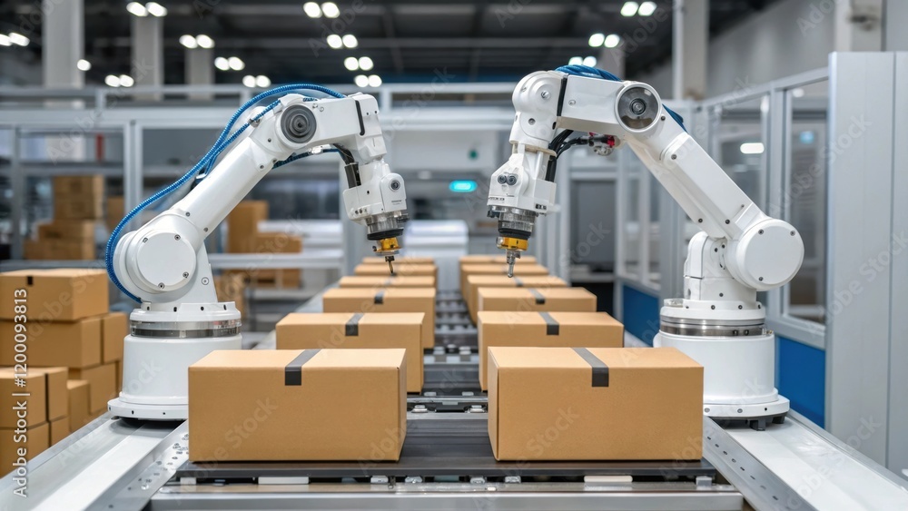 Poster Medium closeup of a robotic workstation with multiple arms working in unison emphasizing synchrony and efficiency in the packaging process.