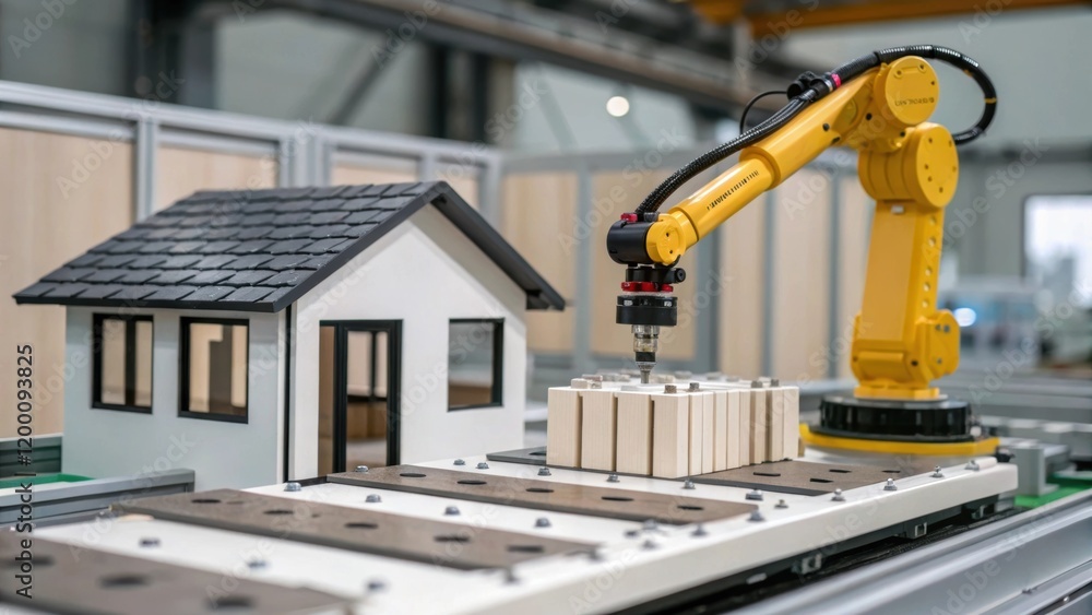Poster Medium closeup of a robotic arm in action systematically placing components together in a modular home assembly line showcasing automation in modern construction practices.
