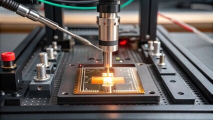 Medium closeup of a soldering station where fasteners are being mechanically bonded with a focus on the glowing solder joint and intricate electrode positions.