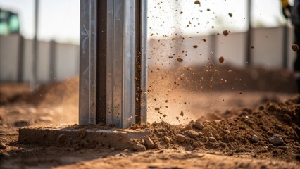 Medium closeup of a steel pile entering the ground with soil ejecting around it capturing the dynamic moment of construction activity and material interaction.