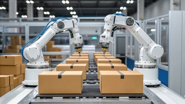 Medium closeup of a robotic workstation with multiple arms working in unison emphasizing synchrony and efficiency in the packaging process.
