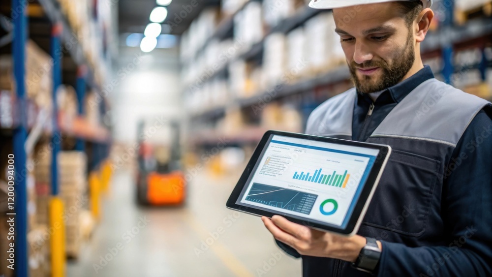 Aufkleber Medium closeup of a warehouse manager monitoring live data on a touchscreen tablet showcasing the use of realtime analytics in streamlining operations.