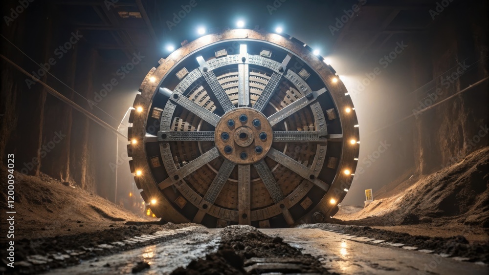 Poster medium closeup of a tunnel boring machines rotating ter head with thick steel blades and lights illu