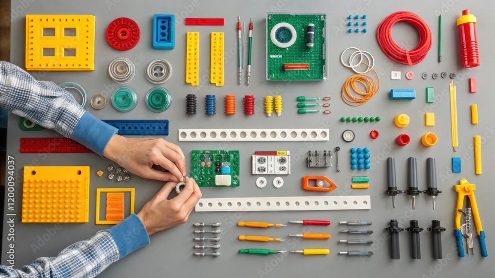 Aufkleber Medium closeup of a vibrant array of tools and materials laid out on a workbench with engineers hands selectively choosing components.