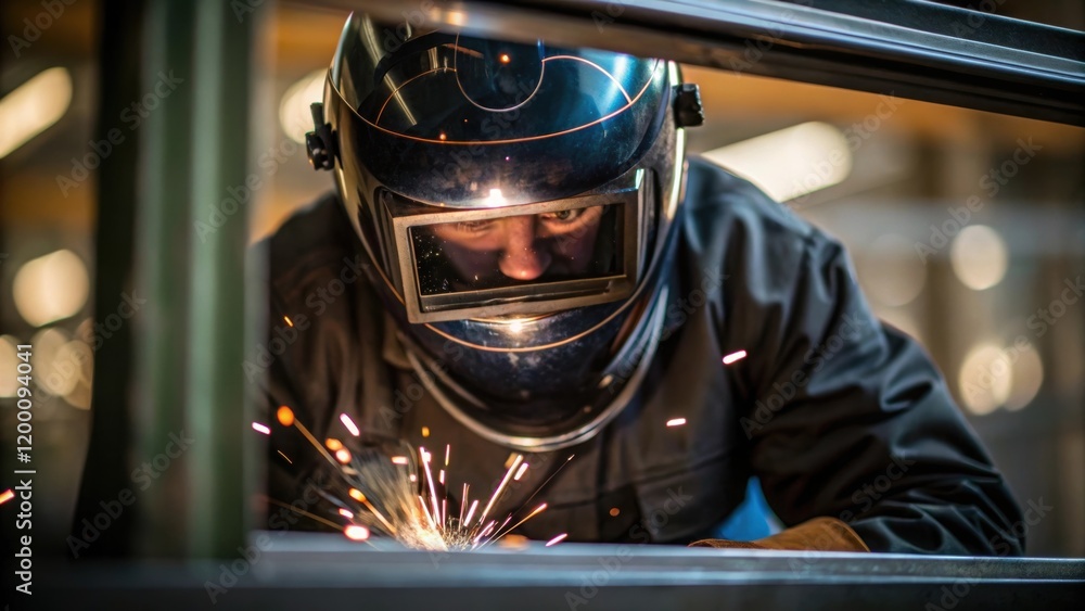 Poster medium closeup of a welder in a protective helmet focused intently on a seam of steel while reflecti
