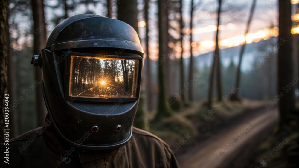 Poster medium closeup of a welders mask reflecting the glow of the welding arc capturing the intensity of t