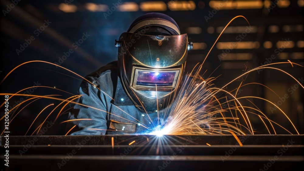 Poster medium closeup of a welding process in action showing the welders mask reflecting bright arcs of lig