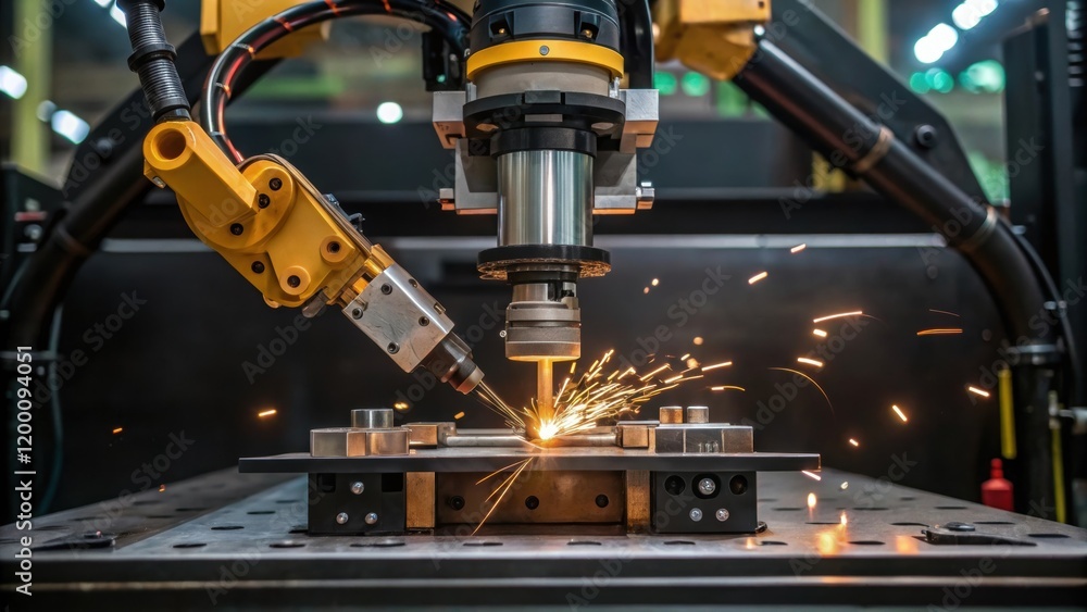 Poster Medium closeup of a welding robots end effector showing precise alignment mechanisms that grip and manipulate metals during the welding process.