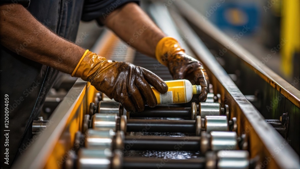 Poster Medium closeup of a worker applying lubricant to moving parts of the conveyor system ensuring smooth operation with greasestained hands.
