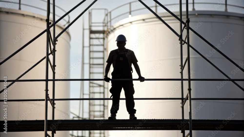 Poster Medium closeup of a worker balancing on scaffolding capturing their silhouette against the stark whitepainted storage tank adding depth and a sense of industrial purpose.