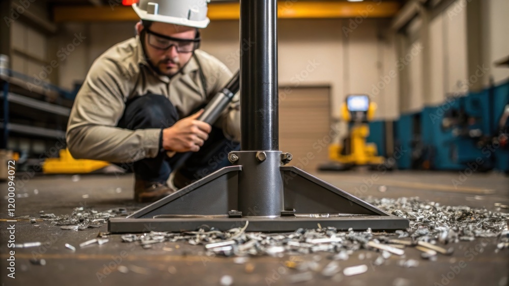 Poster medium closeup of a worker adjusting the height of a conveyor stand as metal shavings ter on the flo