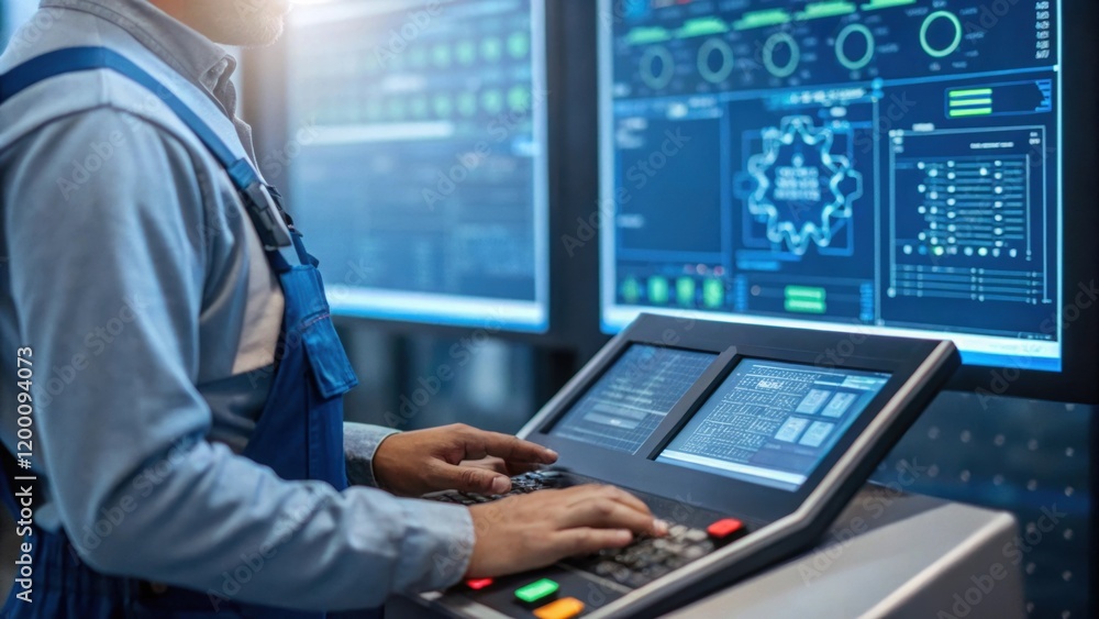Fototapete Medium closeup of a worker calibrating the software that integrates with the automated system surrounded by digital displays and data flow charts.