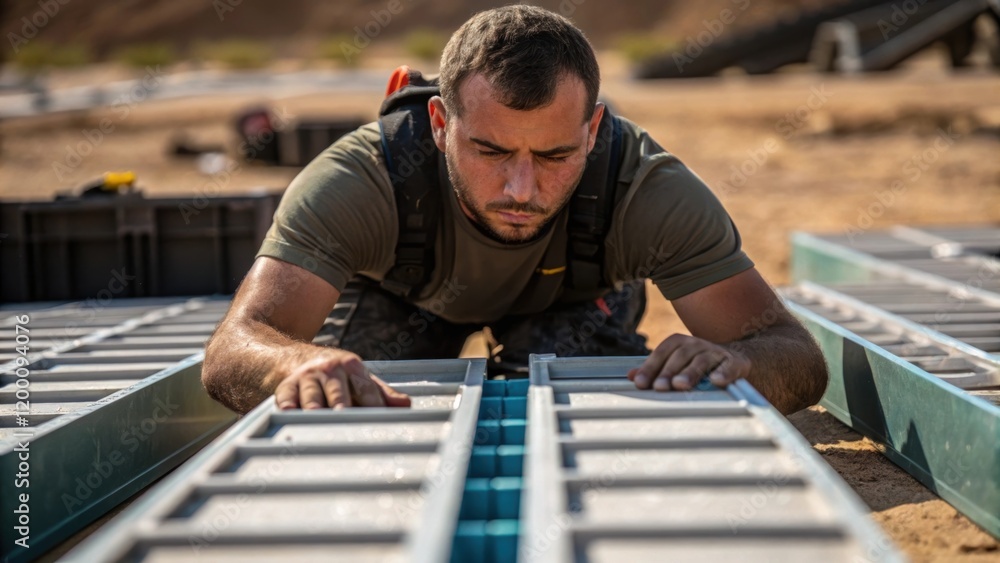 Poster Medium closeup of a worker carefully aligning modular sections with precision tools sweat glistening on the brow amid a rugged outdoor setting.