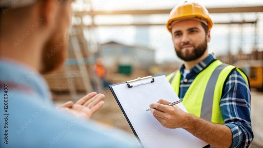 Poster Medium closeup of a worker gesturing with a clipboard discussing plans and instructions with a colleague showcasing teamwork and communication onsite.