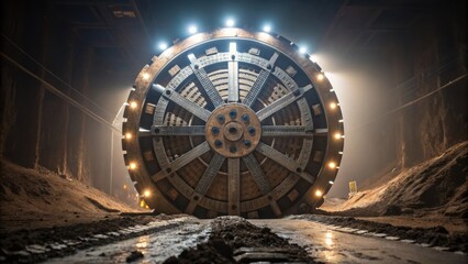 Medium closeup of a tunnel boring machines rotating ter head with thick steel blades and lights...
