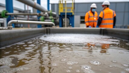 Medium closeup of a water tank filling with treated desalinated water bubbles rising to the surface while workers in safety gear monitor the process from a distance.