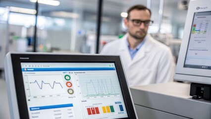 Medium closeup of a touchscreen interface displaying analytics and inventory levels with a technician monitoring the data in the background.
