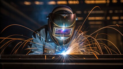 Medium closeup of a welding process in action showing the welders mask reflecting bright arcs of light and molten metal as they join two pieces.
