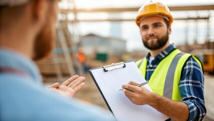 Medium closeup of a worker gesturing with a clipboard discussing plans and instructions with a...