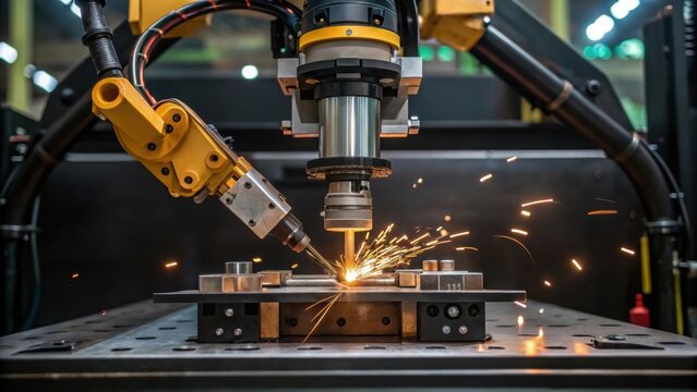 Medium closeup of a welding robots end effector showing precise alignment mechanisms that grip and manipulate metals during the welding process.