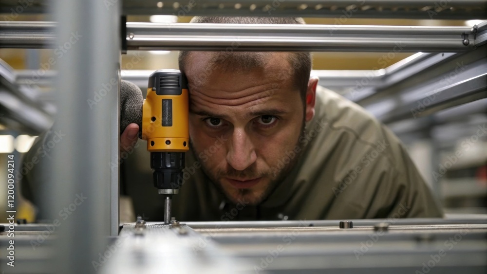 Poster Medium closeup of a worker using a handheld screwdriver on a tight space of the assembly showcasing sweat on their brow under work intensity.