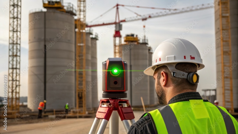Aufkleber Medium closeup of a worker using a laser level to ensure vertical alignment of silo sections with a background of ongoing construction activities.