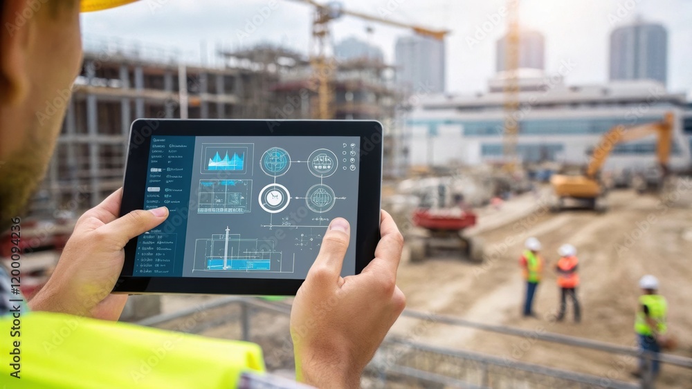 Aufkleber Medium closeup of a worker using a tablet to input data on production progress with digital notes and diagrams displayed highlighting the integration of technology in modern