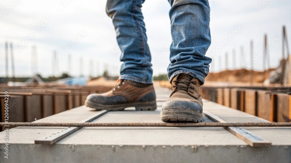 Poster medium closeup of a workers feet in sy boots standing on concrete forms revealing the interaction be