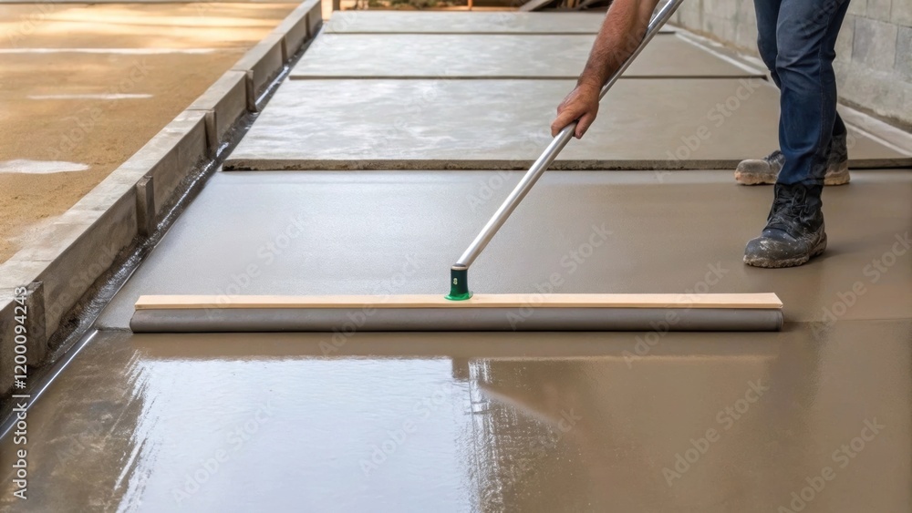 Poster medium closeup of a worker using a float tool expertly gliding across the concrete surface revealing
