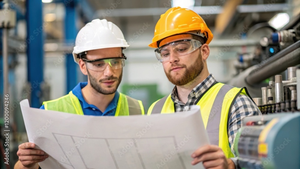 Poster Medium Closeup of Collaborating Workers Two workers in safety goggles consult a blueprint pointing at specific machinery parts while surrounded by various automated components.