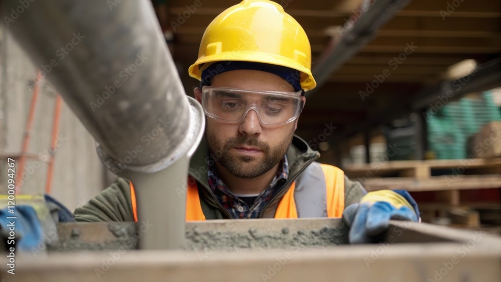 Poster Medium closeup of a worker wearing a hard hat and safety goggles pouring concrete into a mold with a focused expression emphasizing the importance of precision in construction.