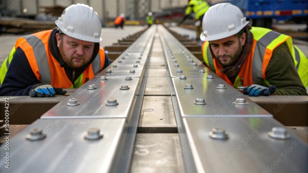 Fototapete medium closeup of connections workers aligning large metal plates with precision demonstrating the c