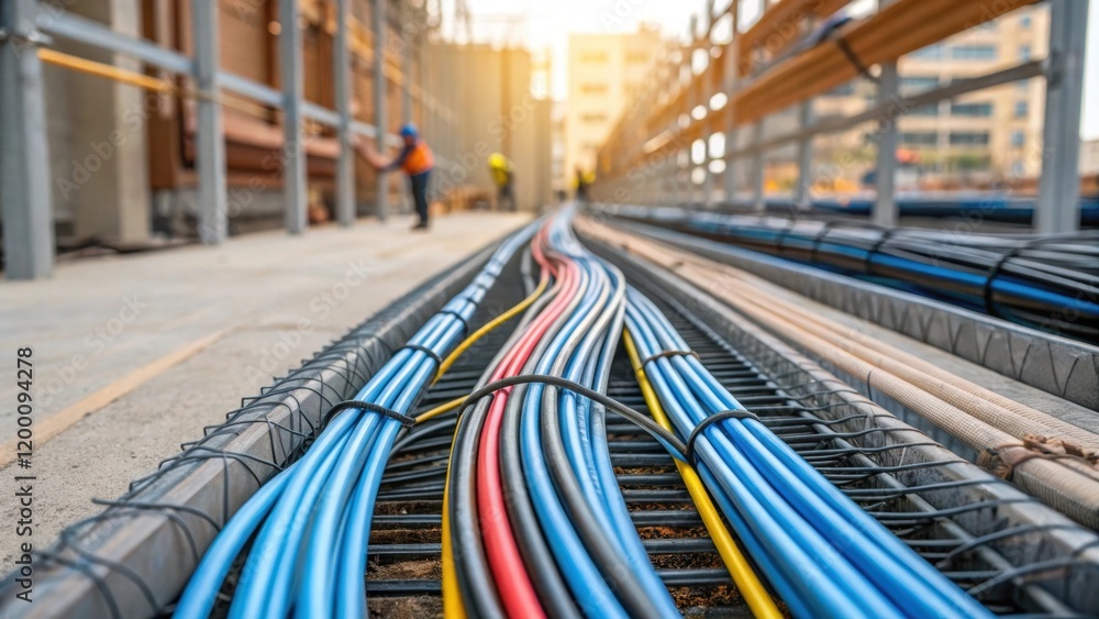 Aufkleber Medium closeup of electrical cables being organized and aligned on a construction site emphasizing the complexity of wiring needed for data management and connectivity.